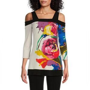 Eva Varro Watercolor Floral Placement Print 3/4 Sleeve Cold Shoulder Tunic M